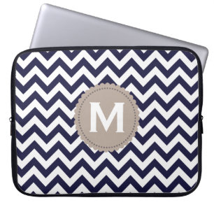 Navy Blue White Monogram Chevron Pattern Laptop Sleeve