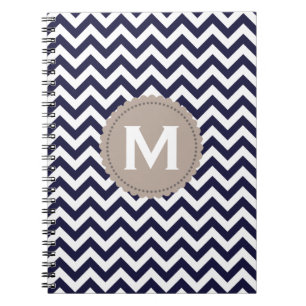 Navy Blue White Monogram Chevron Pattern Notebook