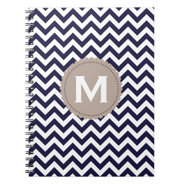Navy Blue White Monogram Chevron Pattern Notebook (Front)