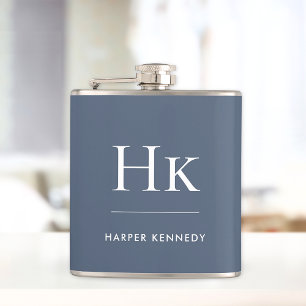 Navy Blue White Monogram Elegant Personalised  Hip Flask