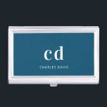 Navy Blue white monogram initails name minimalist Business Card Holder<br><div class="desc">A classic chic blue background. Personalise and add your monogram initials written with white block letters and your name in white. Modern,  trendy and simple.</div>