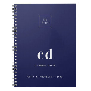 Navy blue white monogram initials business logo notebook