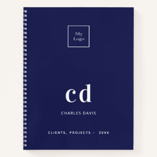 Navy blue white monogram initials business logo notebook