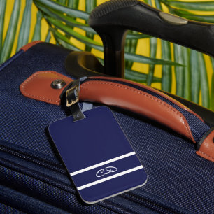 Navy blue white monogram initials luggage tag