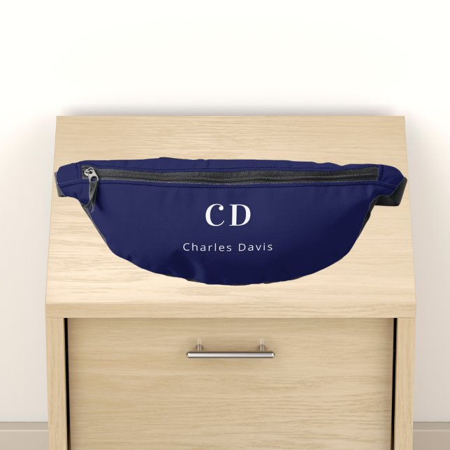 Navy blue white monogram initials name bum bags (Creator Uploaded)