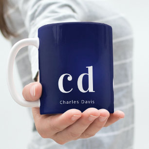 Navy blue white monogram initials name coffee mug