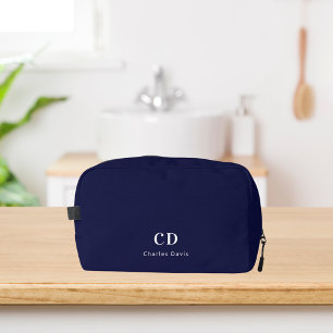Navy blue white monogram initials name dopp kit