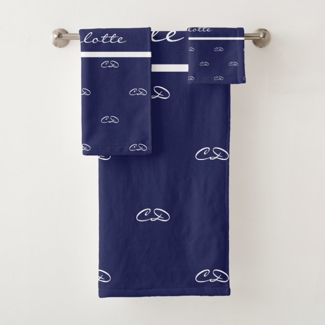 Navy blue white monogram initials pattern name bath towel set (Insitu)