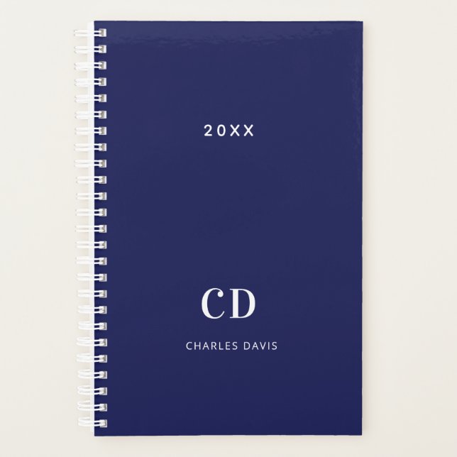 Navy blue white monogram name 2025 planner (Front)