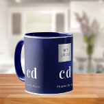 Navy blue white monogram name business logo mug<br><div class="desc">A navy blue background. The blue colour is uneven. Personalise and add your business logo,  a name and monogram initials (x3). The name is written in white with modern block letters.</div>