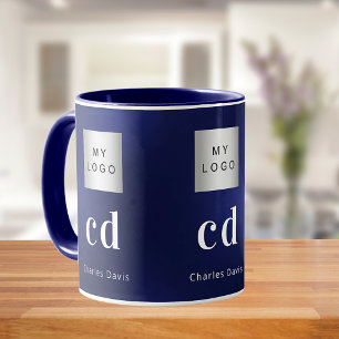 Navy blue white monogram name business logo mug