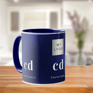 Navy blue white monogram name business logo mug