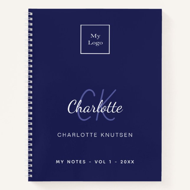 Navy blue white monogram name business logo notebook (Front)