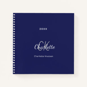 Navy blue white monogram name minimalist notebook