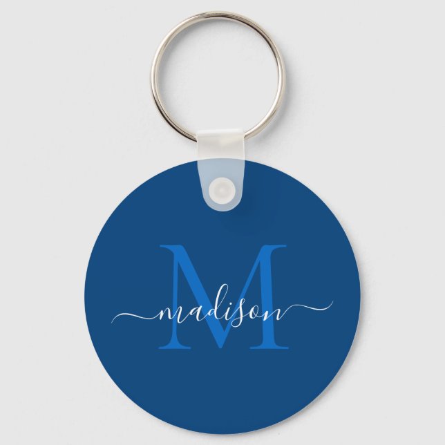 Navy Blue White Monogram Name Modern Girly Script Key Ring (Front)