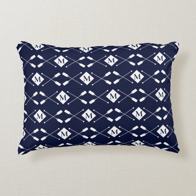 Navy Blue White Monogram Paddle Lake House  Decorative Cushion (Front)