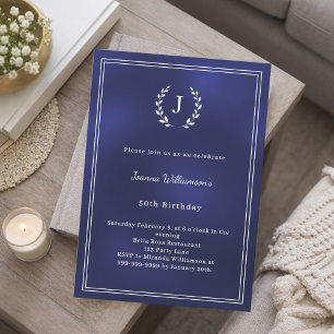 Navy blue white monogram wreath minimalist invitation