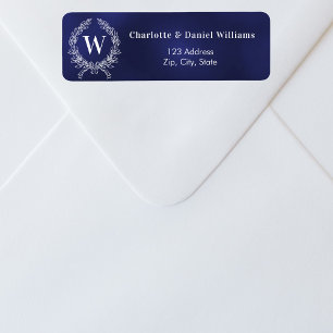 Navy blue white monogram wreath return address