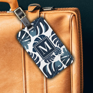 Navy Blue & White Monstera Leaf Monogram Luggage Tag