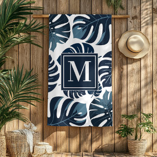 Navy Blue & White Monstera Monogram Beach Towel