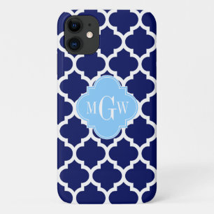 Navy Blue White Moroccan #5 Sky Blue Name Monogram Case-Mate iPhone Case