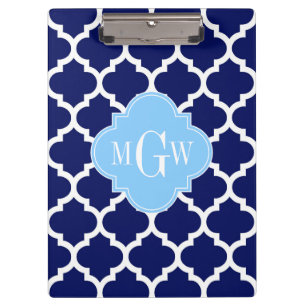 Navy Blue White Moroccan #5 Sky Blue Name Monogram Clipboard