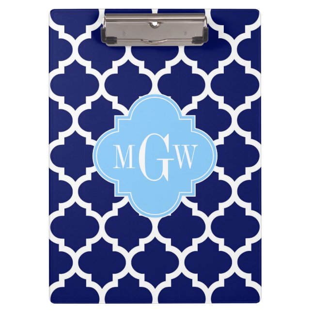 Navy Blue White Moroccan #5 Sky Blue Name Monogram Clipboard (Front)