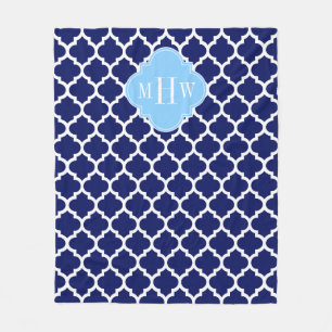 Navy Blue White Moroccan #5 Sky Blue Name Monogram Fleece Blanket