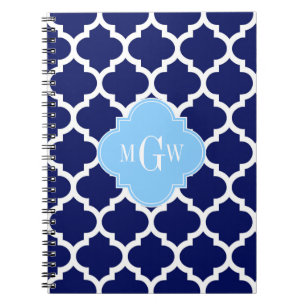 Navy Blue White Moroccan #5 Sky Blue Name Monogram Spiral Notebook
