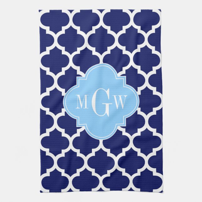Navy Blue White Moroccan #5 Sky Blue Name Monogram Tea Towel (Vertical)