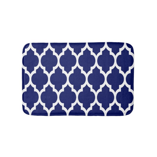 Navy Blue White Moroccan Quatrefoil Pattern #4 Bath Mat (Front)