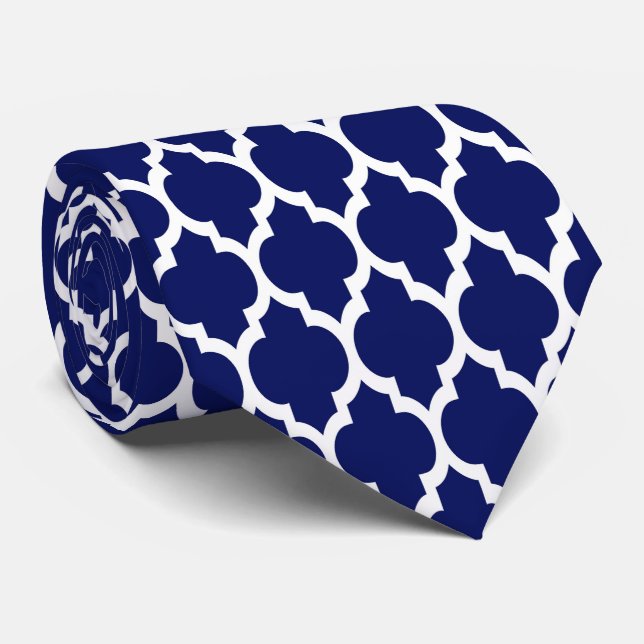 Navy Blue White Moroccan Quatrefoil Pattern #4 Tie (Rolled)