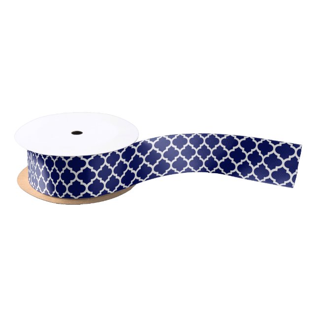 Navy Blue White Moroccan Quatrefoil Pattern #5 Satin Ribbon (Spool)