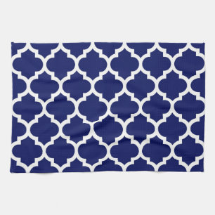 Navy Blue White Moroccan Quatrefoil Pattern #5 Tea Towel
