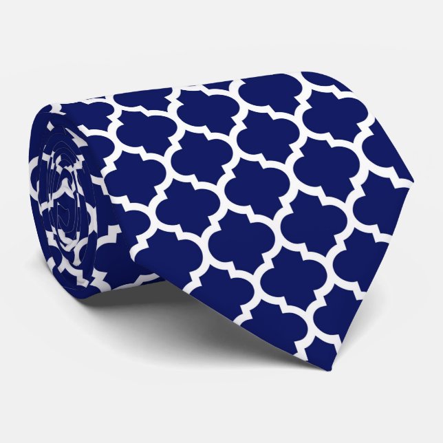 Navy Blue White Moroccan Quatrefoil Pattern #5 Tie (Rolled)