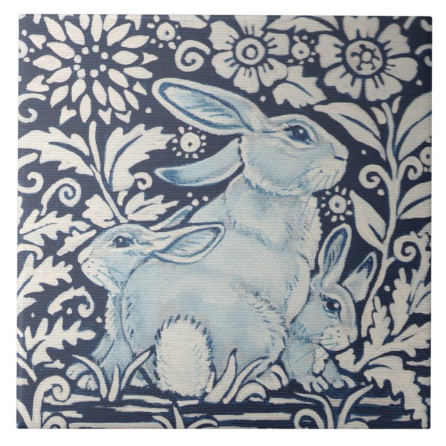 Navy Blue White Mummy & Baby Rabbit Spring Floral Tile (Front)