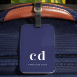 Navy blue white name elegant modern luggage tag<br><div class="desc">A classic navy blue background. Personalise and add your monogram initials and name written with modern block letters.  White letters.  Modern,  trendy and simple.</div>