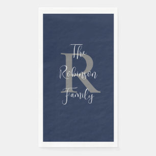 Navy Blue White Name Monogram Paper Guest Towel Napkin