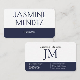 Navy Blue White Name Social Icons Manager Business Card