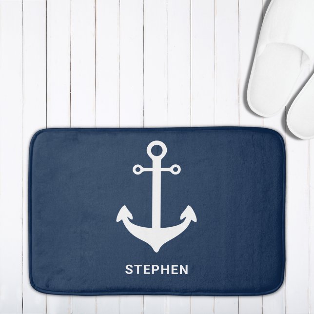 Navy Blue White Nautical Anchor Personalised Bath Mat (Creator Uploaded)
