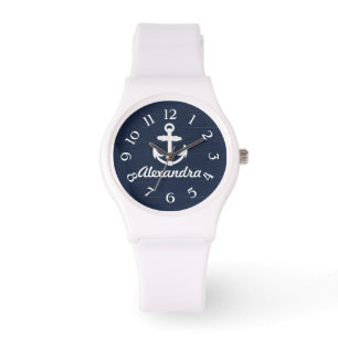 Navy Blue/White Nautical Anchor Personalised Watch