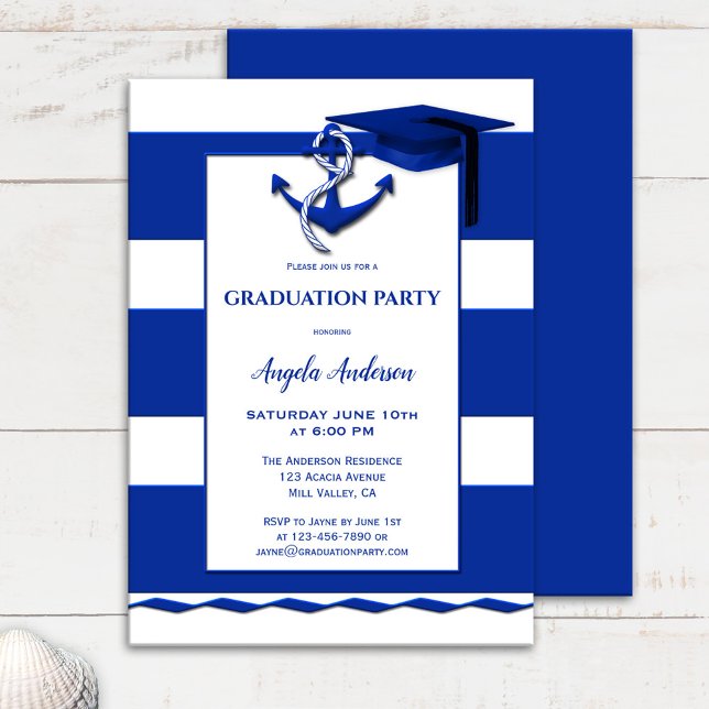 Navy Blue White Nautical Graduation Invitation (Creator Uploaded)