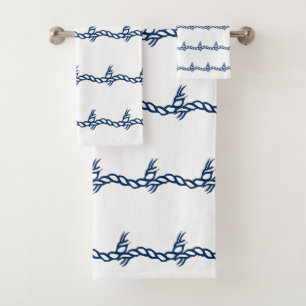 Navy Blue white nautical rope waves pattern Bath Towel Set