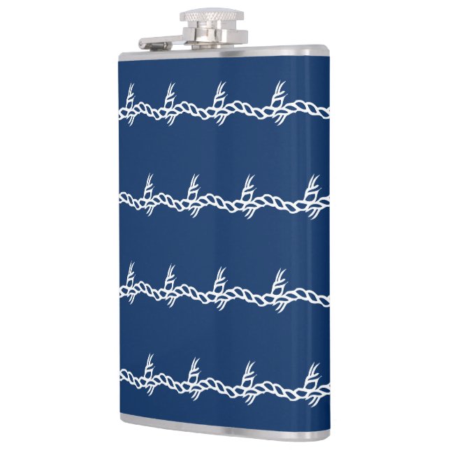 Navy Blue white nautical rope waves pattern Hip Flask (Left)