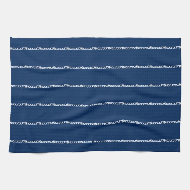 Navy Blue white nautical ropes pattern Kitchen Tow Tea Towel (Horizontal)