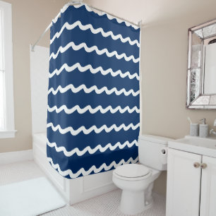 Navy Blue white nautical sea waves pattern Shower Curtain