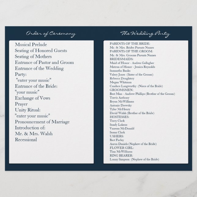 Navy Blue White Nautical Wedding Ceremony Programs (Front)