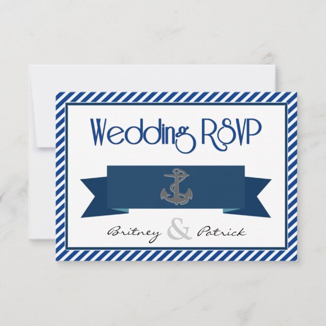 Navy Blue & White Nautical Wedding RSVP Cards (Front)