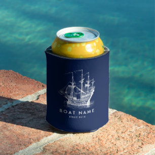 Navy Blue & White Nautical Wid Sailing Boat Can Cooler