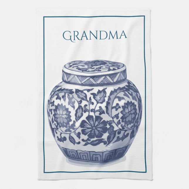 Navy Blue White New England Hamptons Ginger Jar Tea Towel (Vertical)
